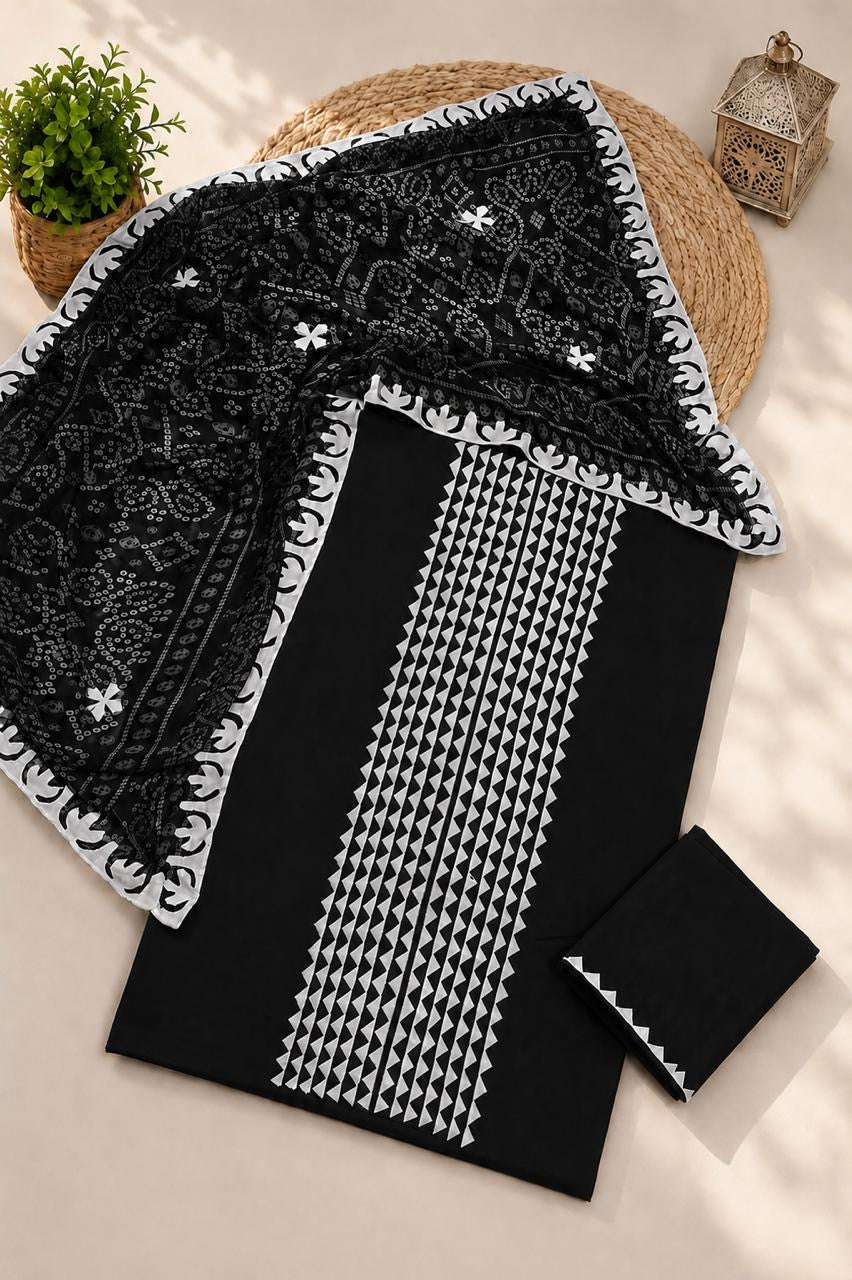 Applic Handwork Lawn Cotton Shirt & Trouser with Four Side Applic Border Chiffon Chunri Printed Dupatta – 3PC Unstitched Dress 👗