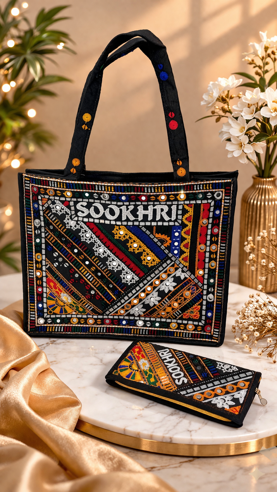 Traditional Multi-Pattern Antique Embroidered Handbag with Matching Clutch