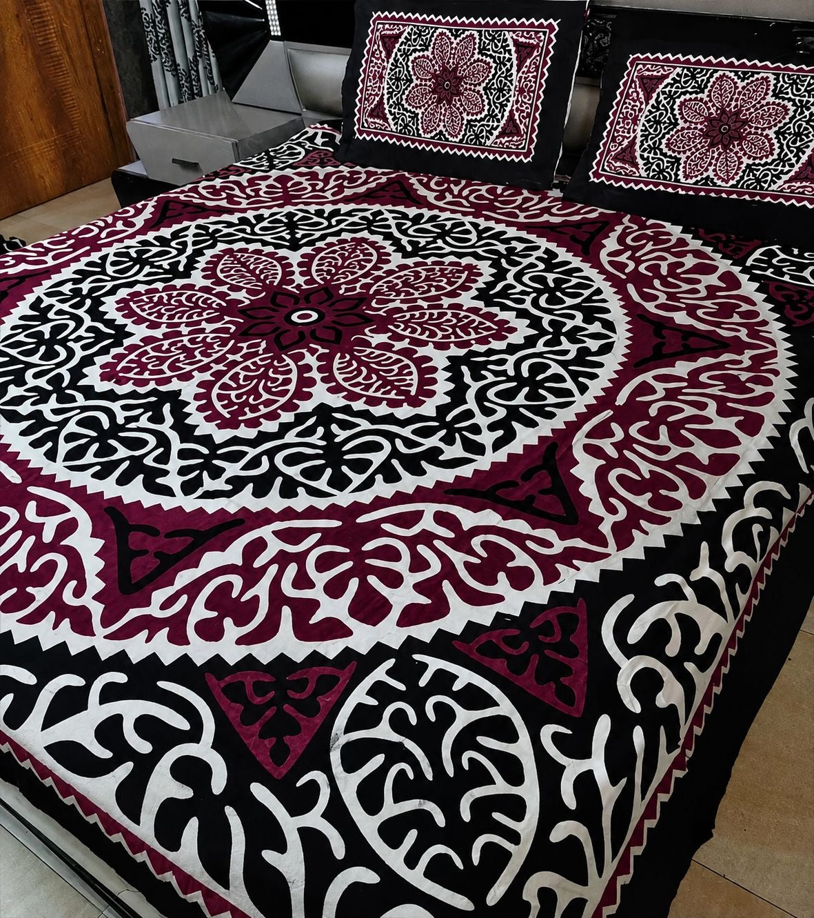 King Size Ajrak Block Hand Print Cotton Stuff Bedsheet Set with 2 Unstitched Pillow Covers