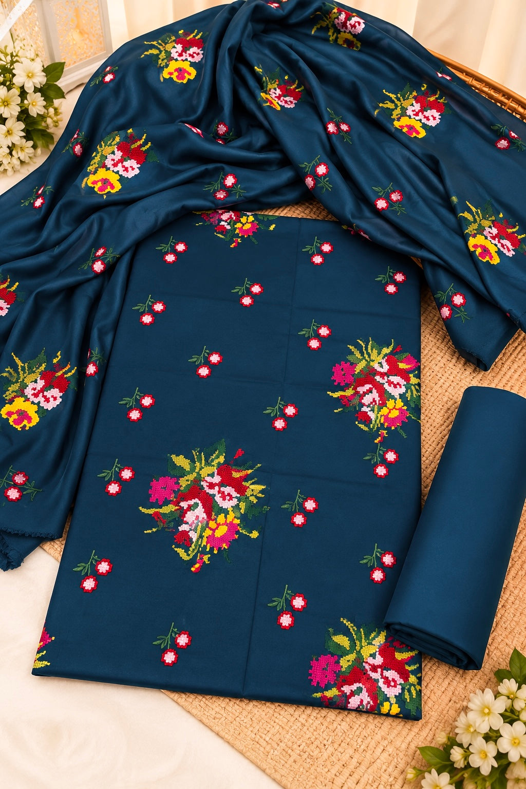 Premium Dhanak Fabric Cross Stitch Multi Flower Bunches Embroidered 3-Piece Unstitched Suit
