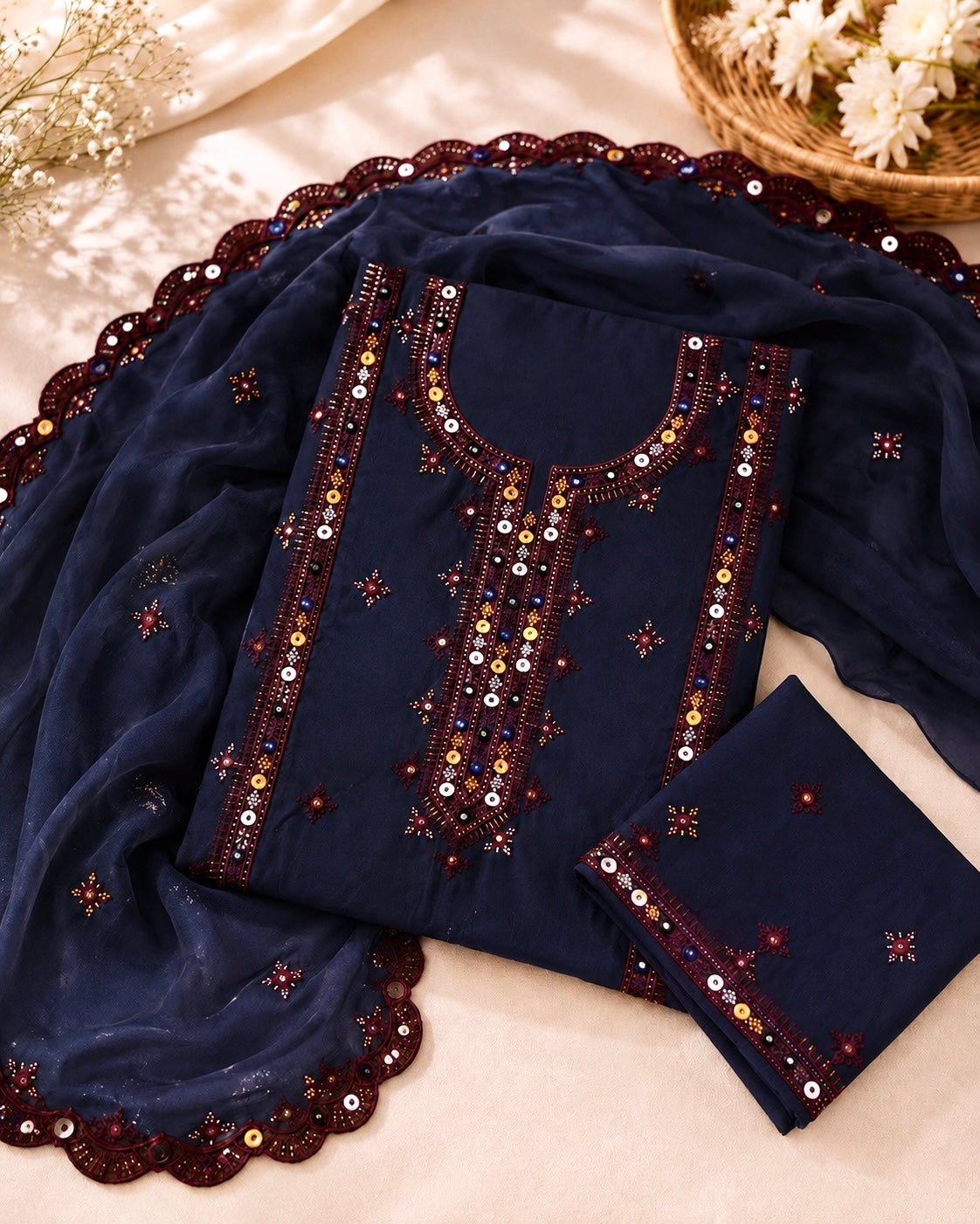 Balochi Thick Thread Embroidered Lawn Cotton with Two Side Cutwork Border Embroidered Dupatta - 3PC Unstitch Dress 👗