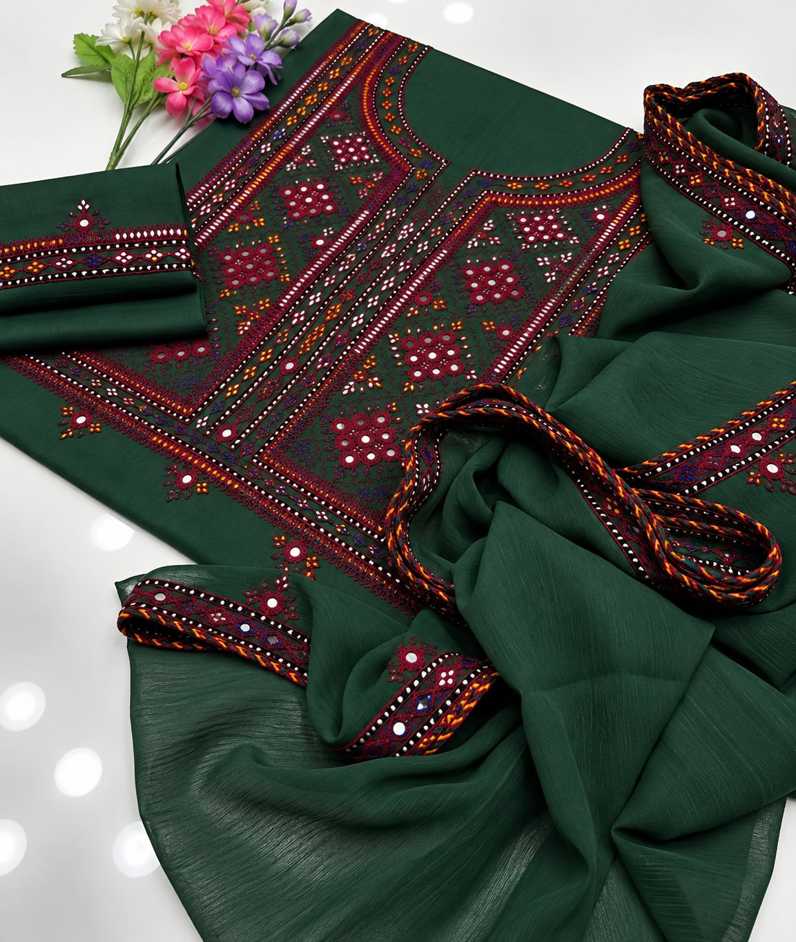 Balochi Handmade Mirror Work Soft Cotton Fabric Shirt & Trouser with Chiffon Dupatta | 3PC Unstitch Dress 👗