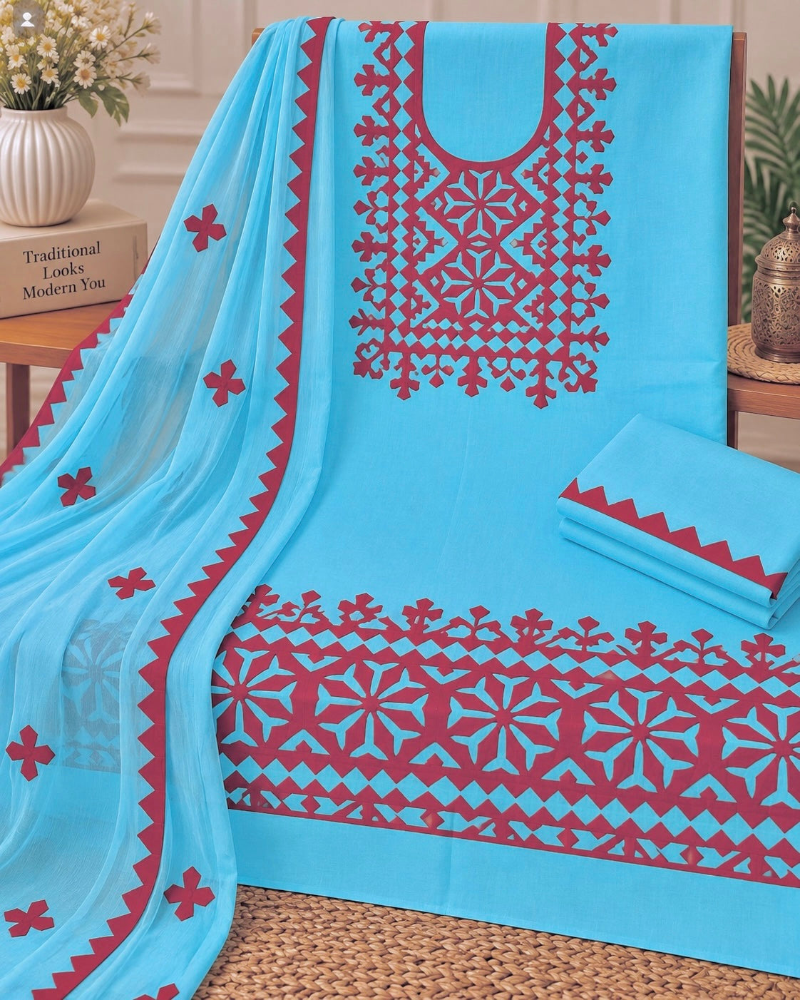 Pure Fancy Handmade Applique Work Soft Cotton Suit with Chiffon Dupatta – 3 Piece Unstitched Dress 👗