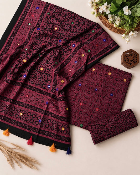 Ajrak Block Print Cotton 3-Piece Suit with Multi Sitara Foil Work – Hand-Dyed Traditional Elegance