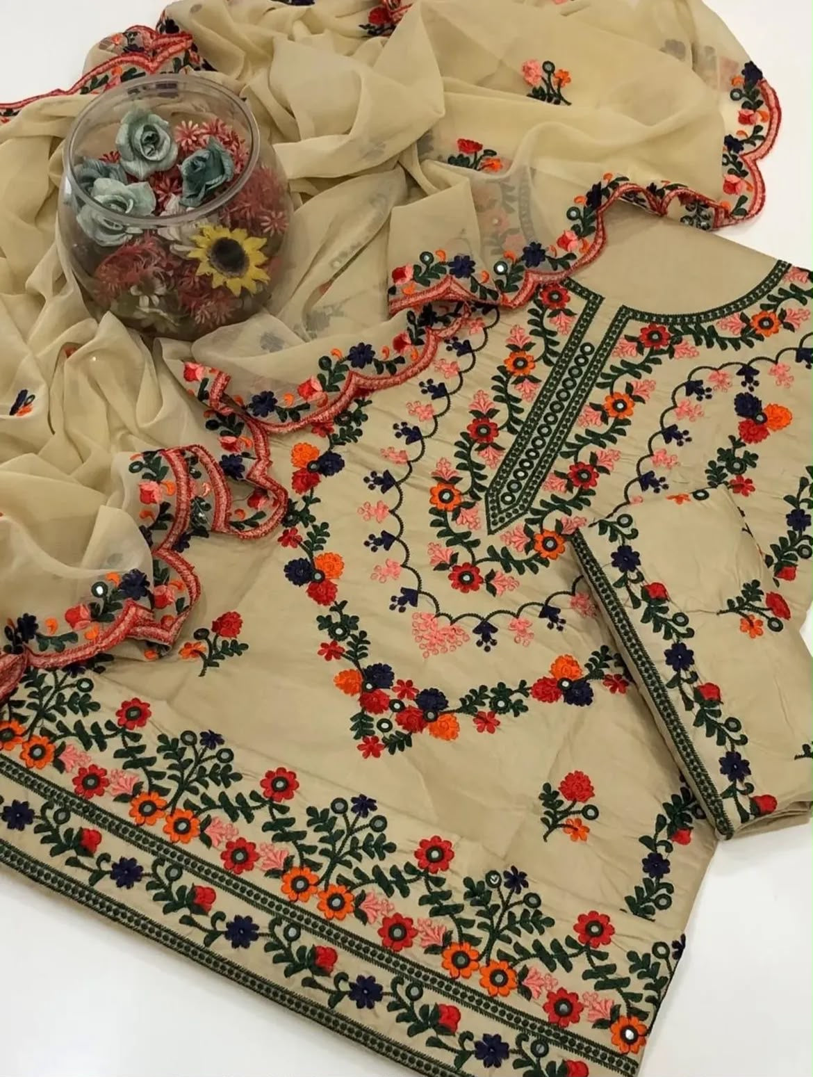 3MM Sequence Sitara Pakka Thread Multi Embroidered Lawn Cotton Suit with Bamber Chiffon Cutwork Dupatta – 3PC Unstitched Dress 👗