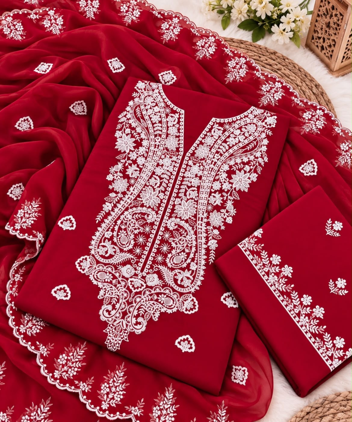 Kashmiri 3MM Sitara Embroidery Soft Cotton Fabric With Cutwork Border Chiffon Dupatta - 3PC Unstitched Dress 👗