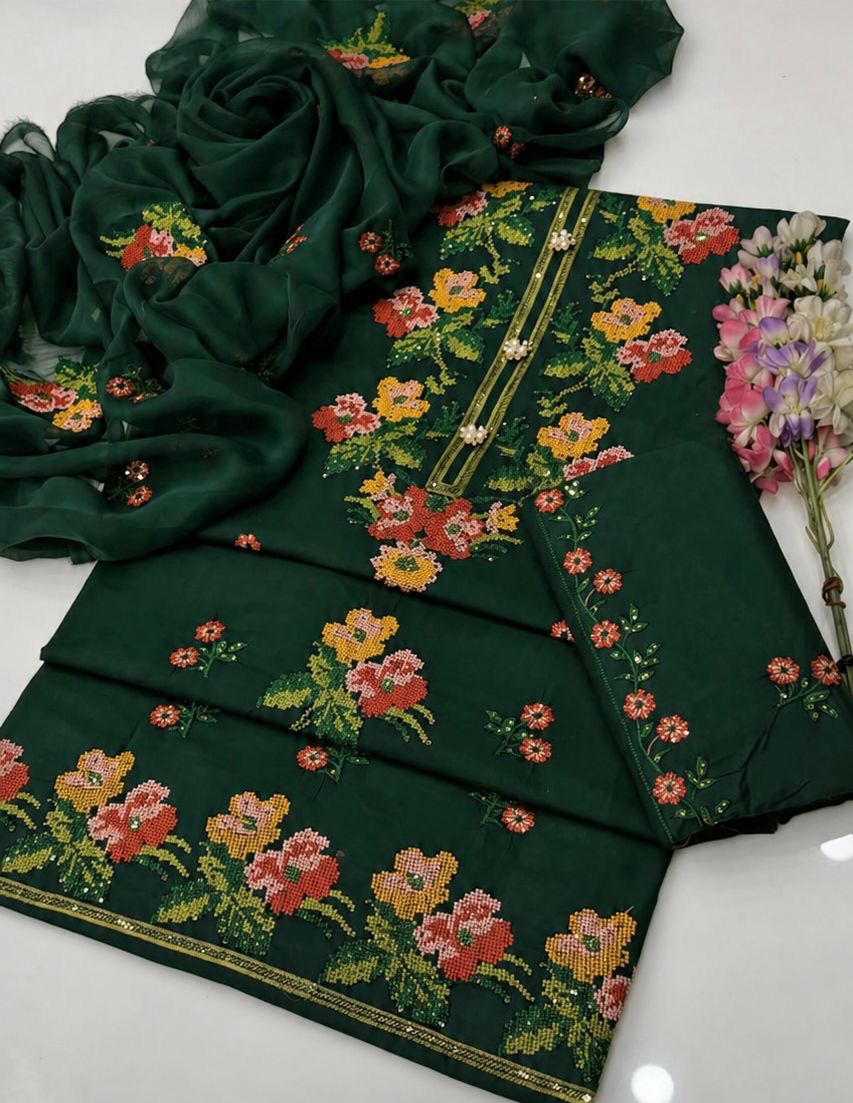 3MM Sequence Sitara Heavy Cross Stitch Multi Floral Embroidery Lawn Cotton with Chiffon Dupatta - 3PC Unstitched Dress 👗