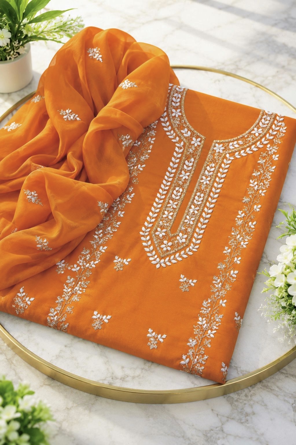 Handmade Applique Leaf, Zari & Pearl Work Lawn Fabric With Chiffon Dupatta 3PC Dress