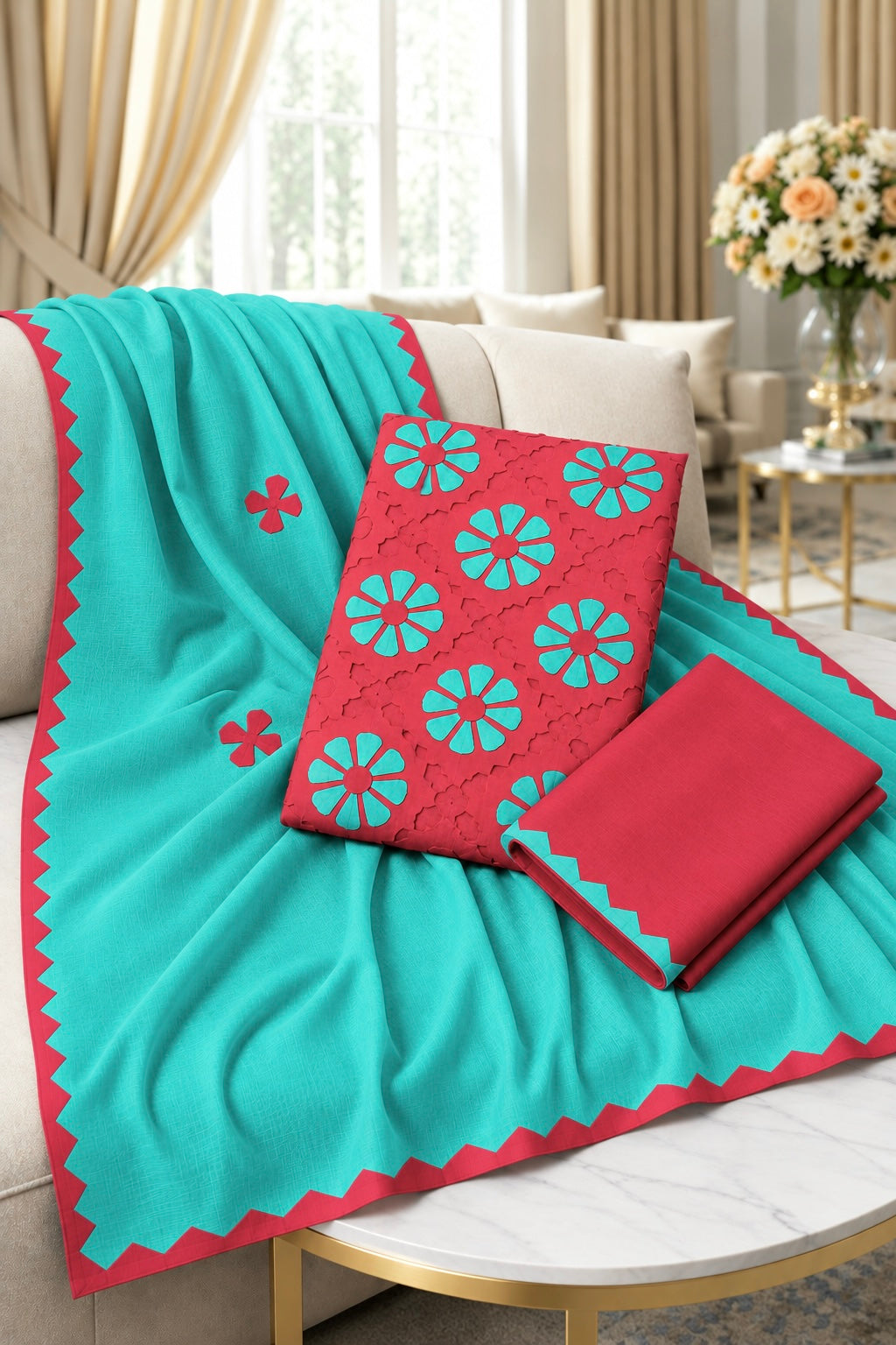 Handcrafted Soft Cotton Applique Work 3-Piece Unstitched Dress with Net Front Panel & Chiffon Dupatta