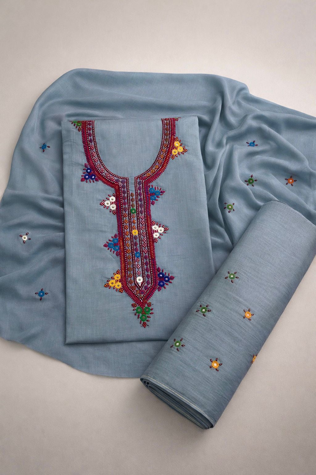 Balochi Gala Handwork 3-Piece Suit | Original Mirror Work | Soft Cotton & Chiffon Dupatta