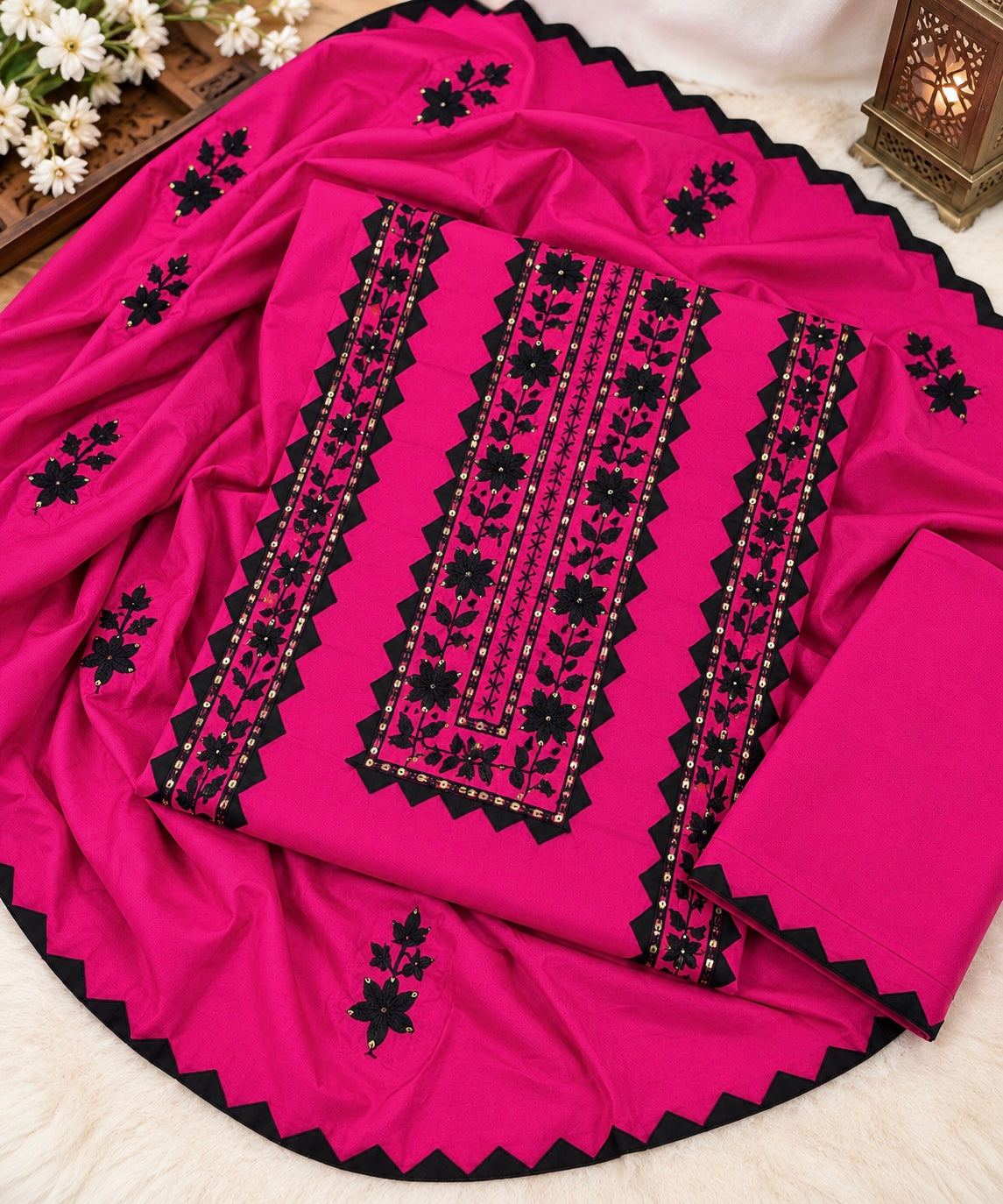 Applic Handwork & Machine Floral Embroidery Soft Cotton Shirt, Trouser with Embroidered Soft Cotton Dupatta | 3PC Unstitched Dress