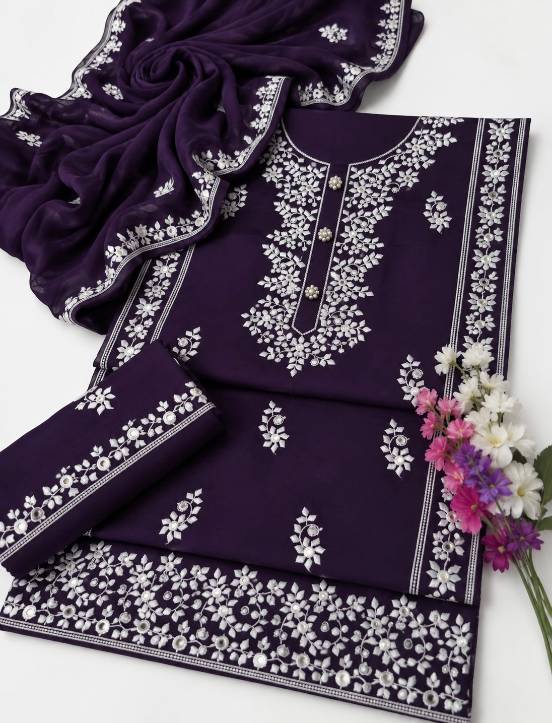 Applic Patti Style Sitara Embroidered Soft Cotton Shirt & Trouser with Chiffon Embroidered Dupatta - 3PC Unstitch Dress 👗