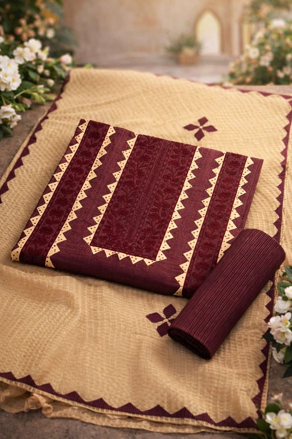 Applic Handmade 3-Piece Soft Cotton Khaddar with Net Karandi Dupatta - 3PC Unstitch Dress