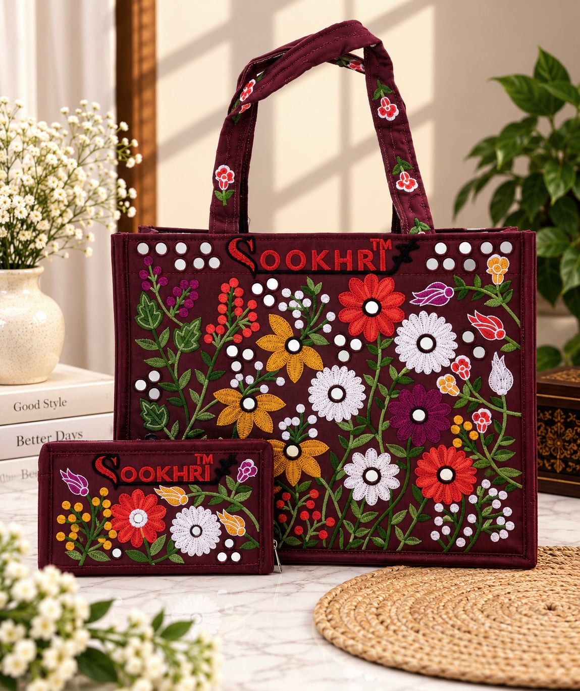 Traditional Multi-Pattern Antique Embroidered Handbag with Matching Clutch