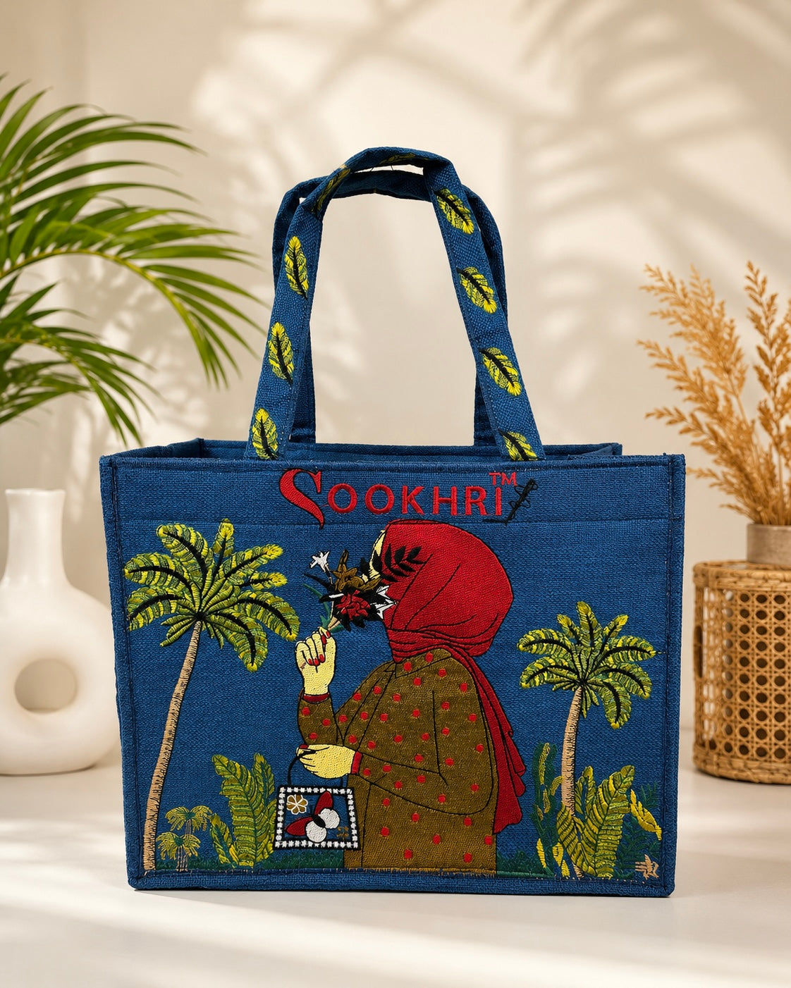 Sookhri Handcrafted Embroidered Jute Tote Bag for Women | Eco-Friendly Shopping & Everyday Handbag (15 Inches Length | 11.5 Inches Width)