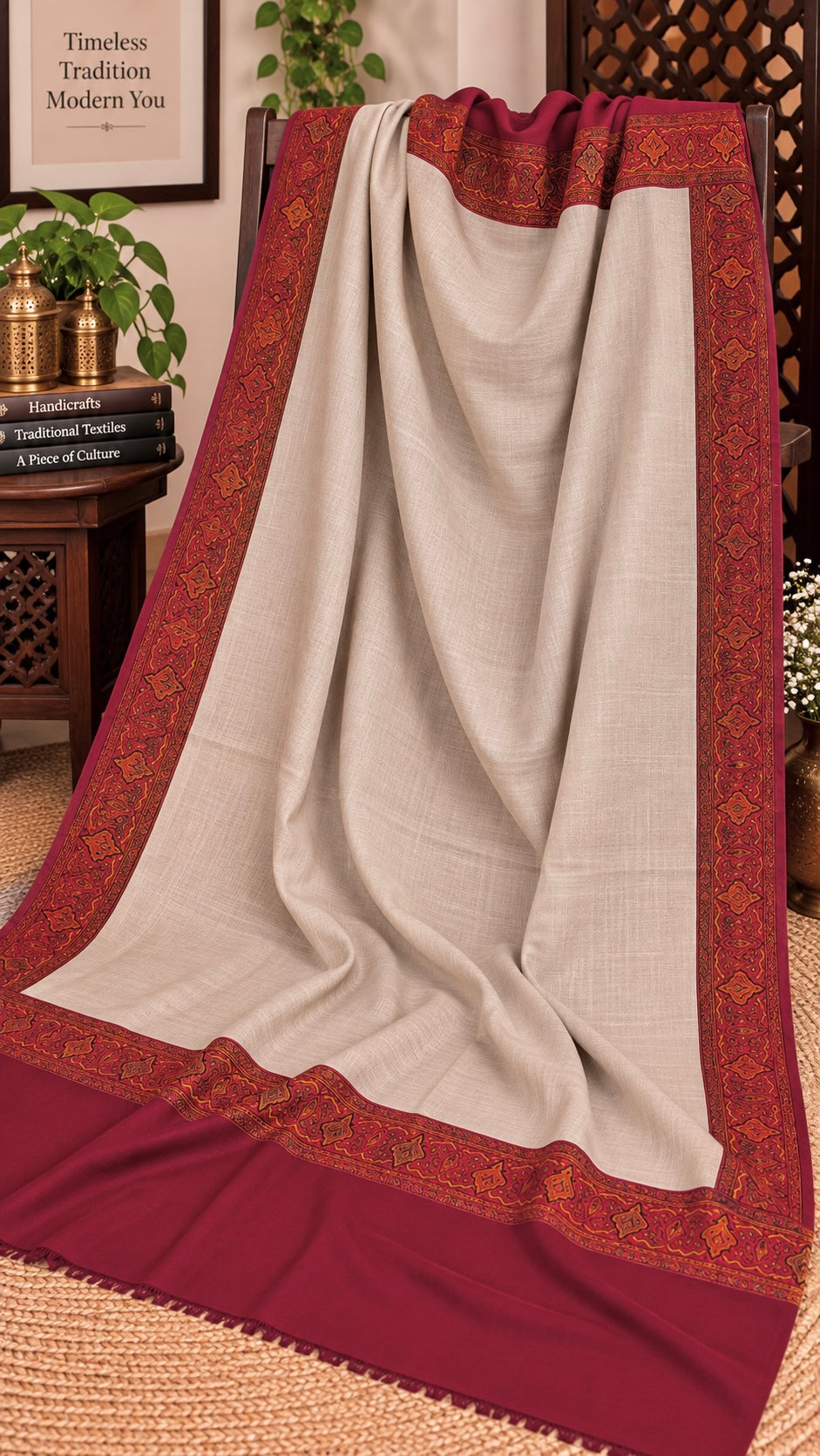 Original Pashmina Four Border Shawl for Winter – Traditional Printed Design (Large Size)