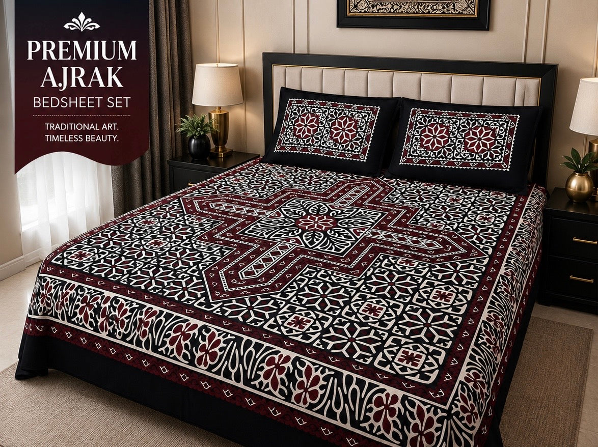 Ajrak Block Print Cotton Fabric King Size Bedsheet Set with 2 Unstitched Pillow Covers