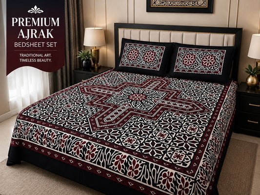 Ajrak Block Print Cotton Fabric King Size Bedsheet Set with 2 Unstitched Pillow Covers