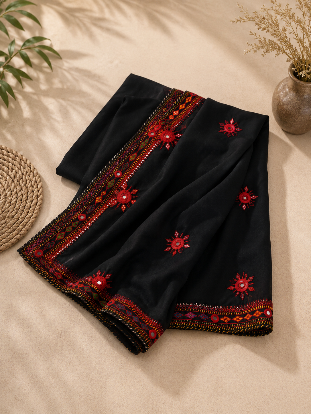 Balochi Heavy Four Border Original Mirror Work Handmade Chadar | Swiss Voile Fabric