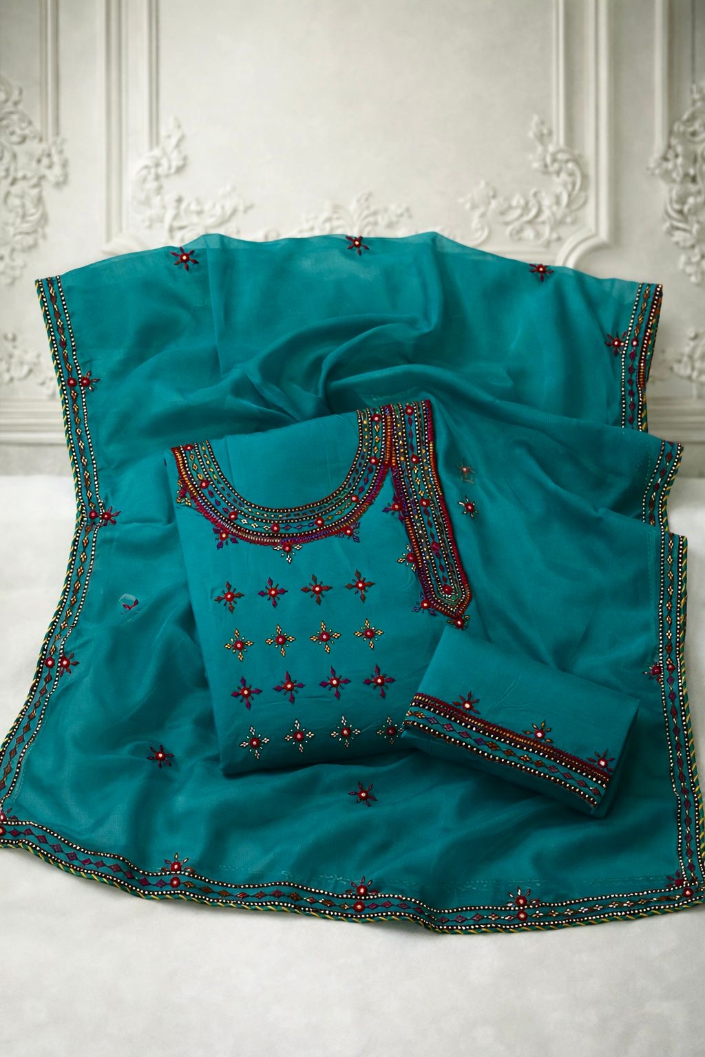 Angrakha Style Gala Balochi Handmade Original Mirror Work Lawn Cotton with Chiffon Dupatta - 3PC Unstitch Dress 👗