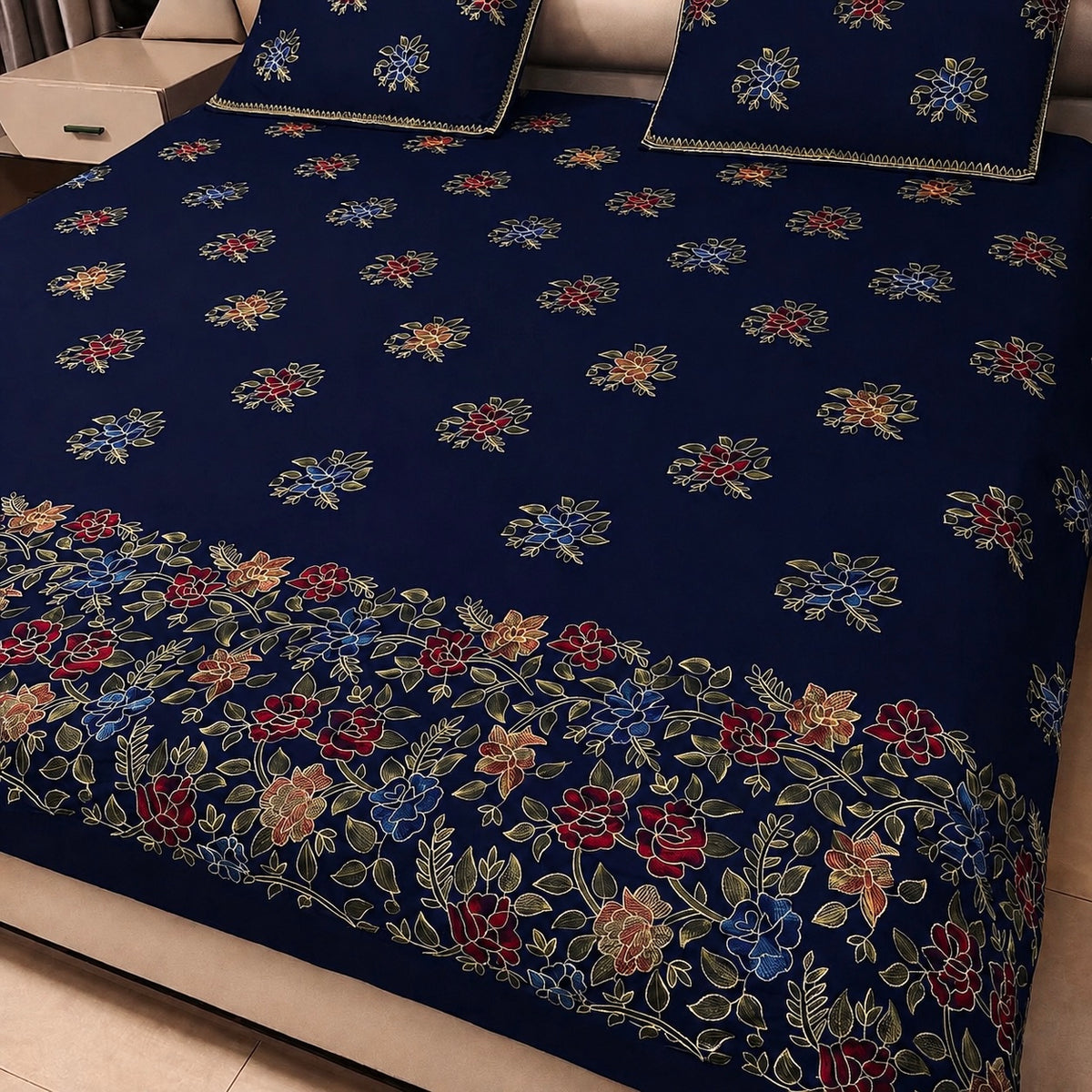 Premium Cotton King Size Multi Flower Jaal Embrodiery Double Bedsheet Set With 2 Stitched Pillow Covers