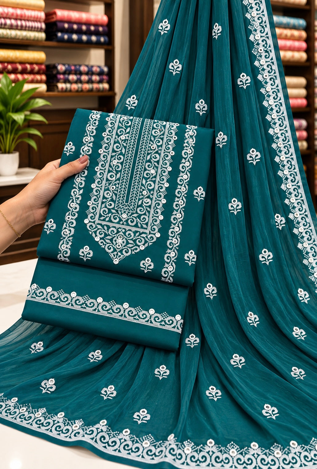 Edenrobe Style Cross Stitch 9MM Sitara - Soft Cotton with Chiffon Dupatta - 3PC Unstitch Dress 👗
