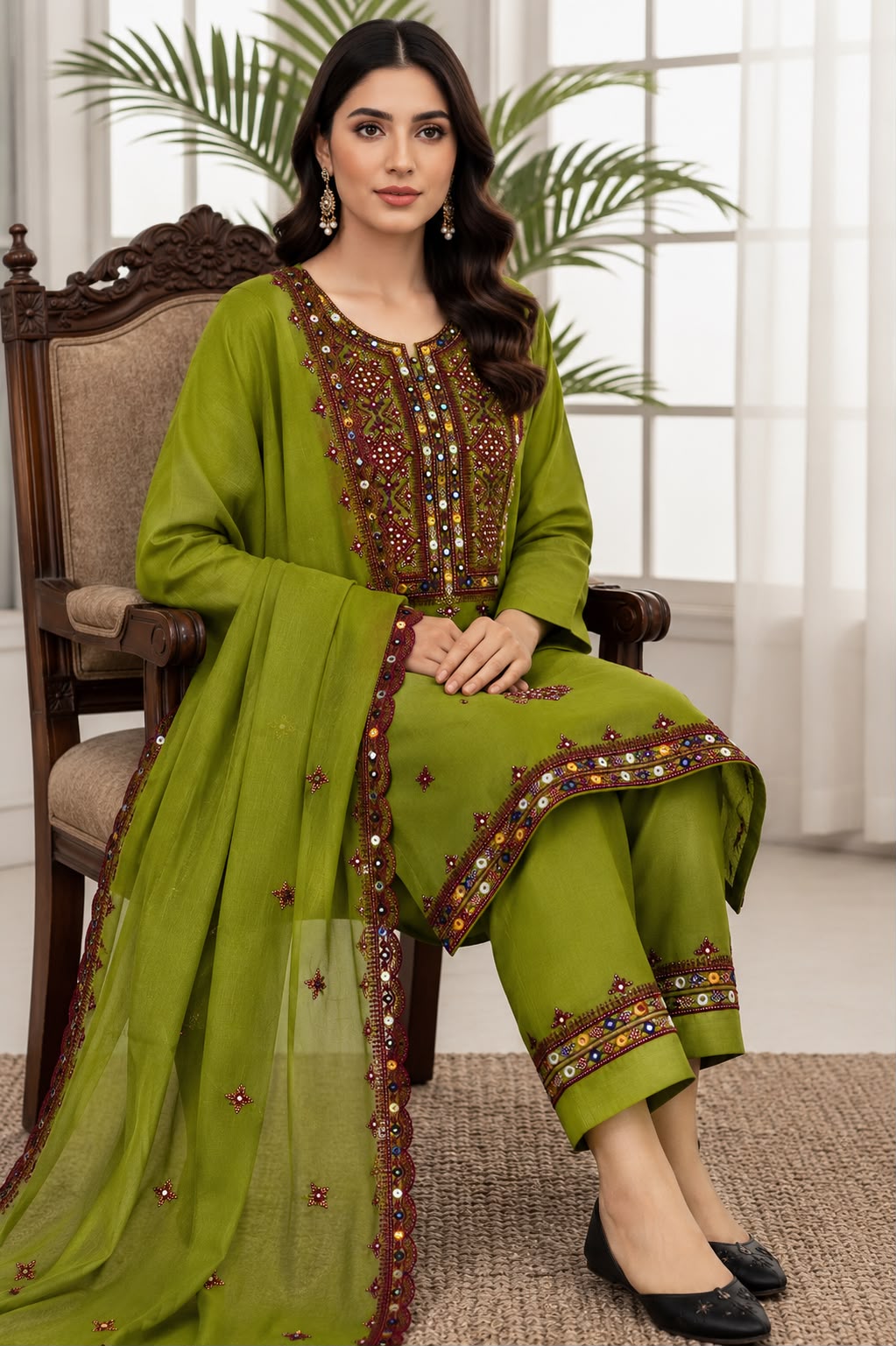 Balochi Thick Thread 9MM Sitara Work Machine Embroidered Soft Cotton with Two Side Cutwork Border Chiffon Dupatta - 3PC Unstitched Dress 👗