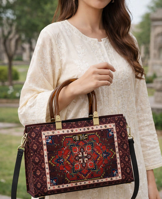 Elegant Traditional Kenves Print Tote Handbag with Tortoiseshell Handles & Detachable Strap