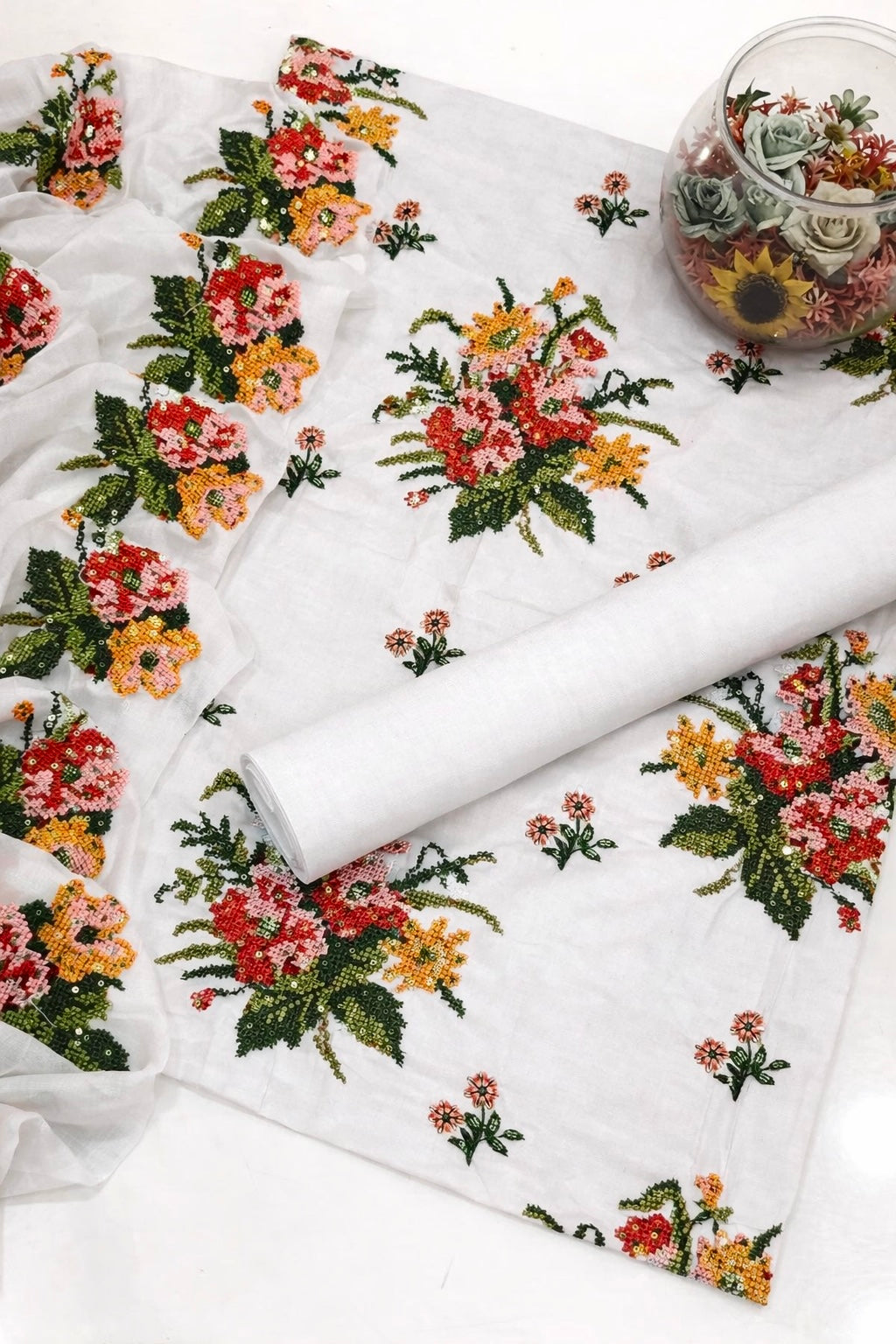 Cross Stitch Floral with Sequence Sitara Embroidery Lawn Cotton with Chiffon Dupatta - 3PC Unstitch Dress 👗