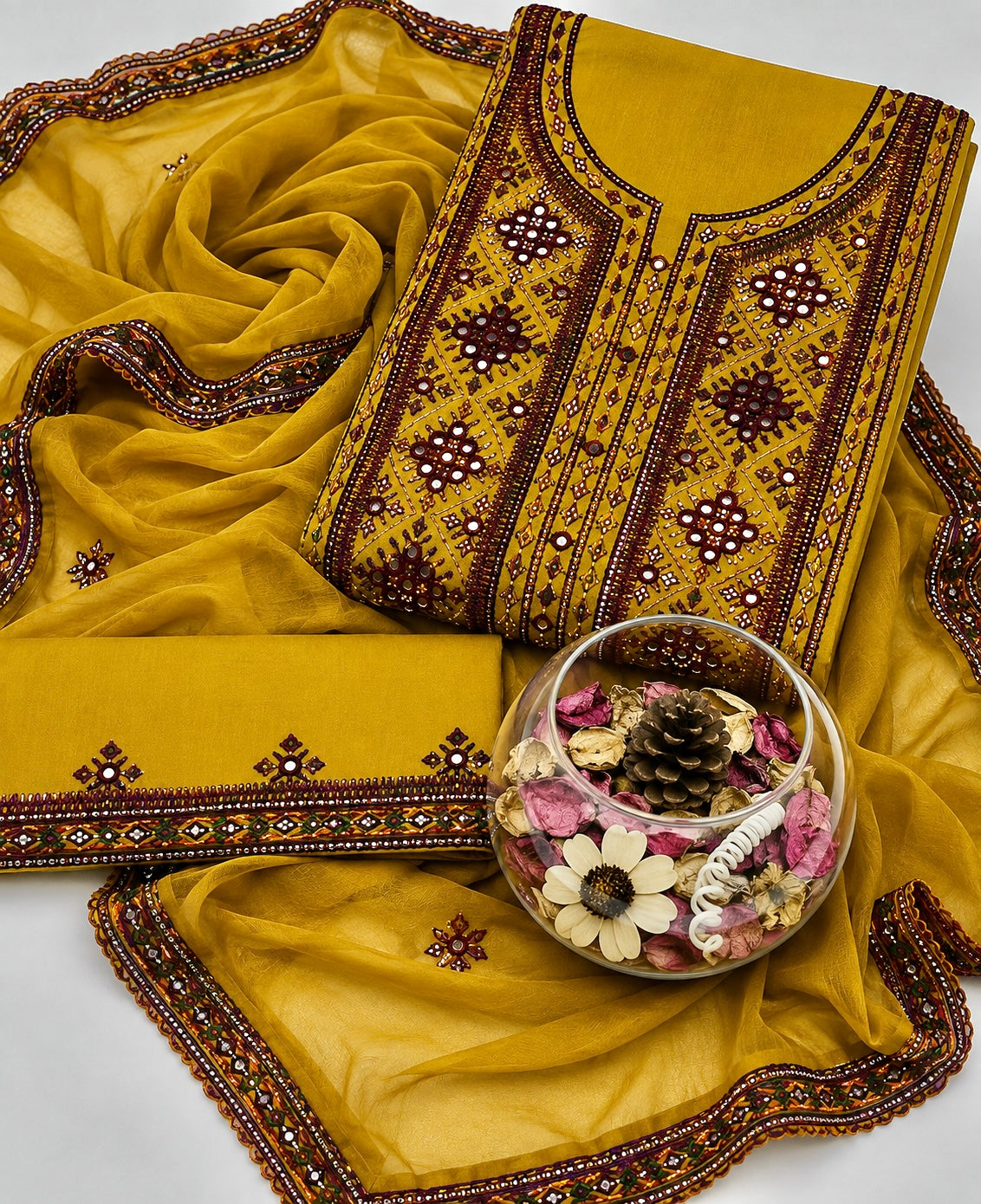 Balochi Handmade Mirror Work Soft Cotton Fabric Shirt & Trouser with Chiffon Dupatta | 3PC Unstitch Dress 👗