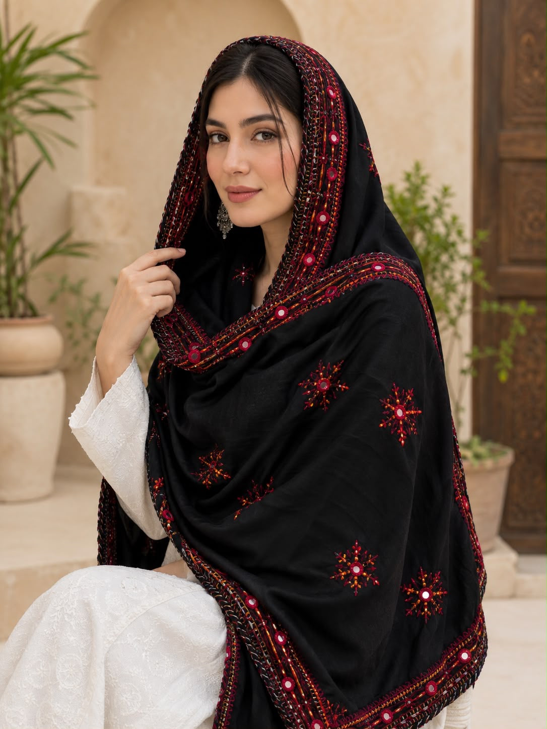 Balochi Handmade Original Mirror Work Four Side Border Swiss Voil Ladies Chadar – Full Size Traditional Shawl