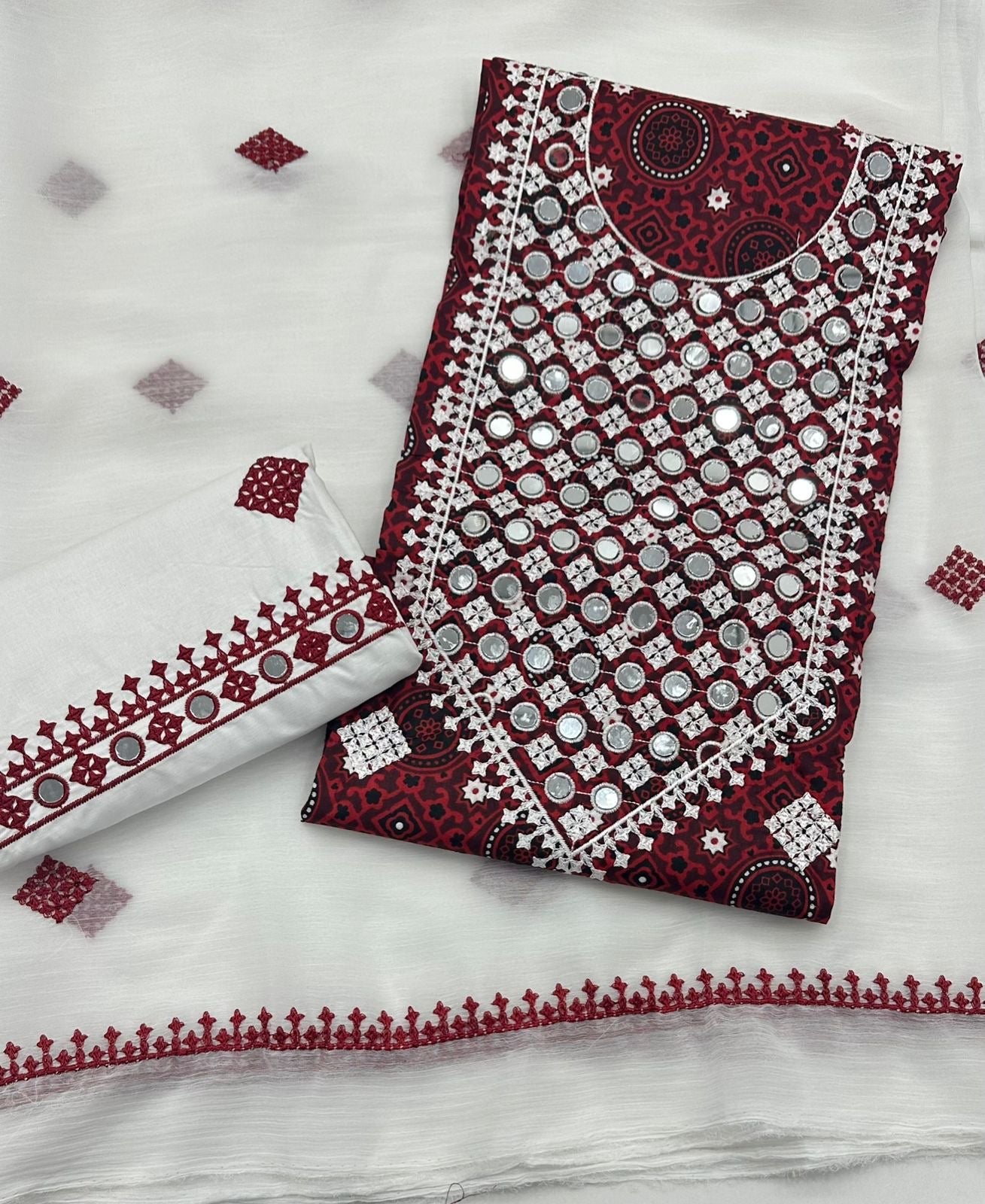 Ajrak Original Mirror Work Machine Embroiderd 3pc Dress 👗