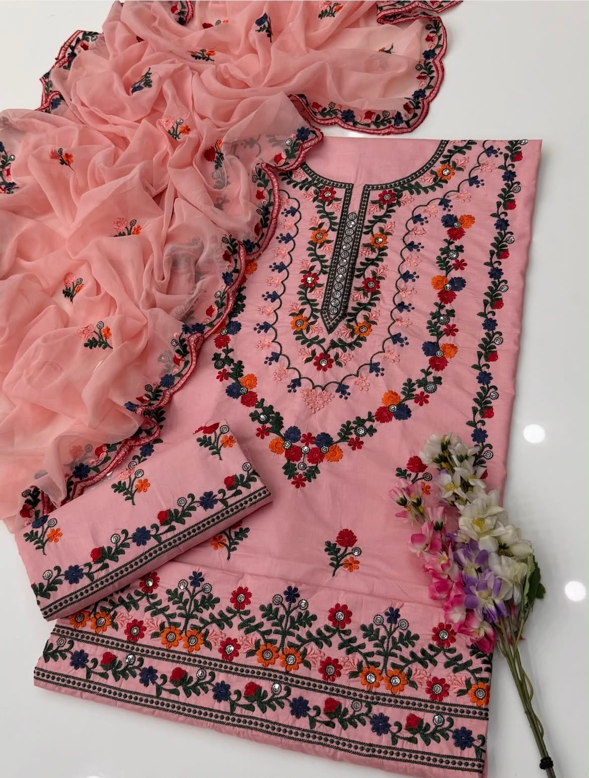 3MM Sequence Sitara Pakka Thread Multi Embroidered Lawn Cotton Suit with Bamber Chiffon Cutwork Dupatta – 3PC Unstitched Dress 👗