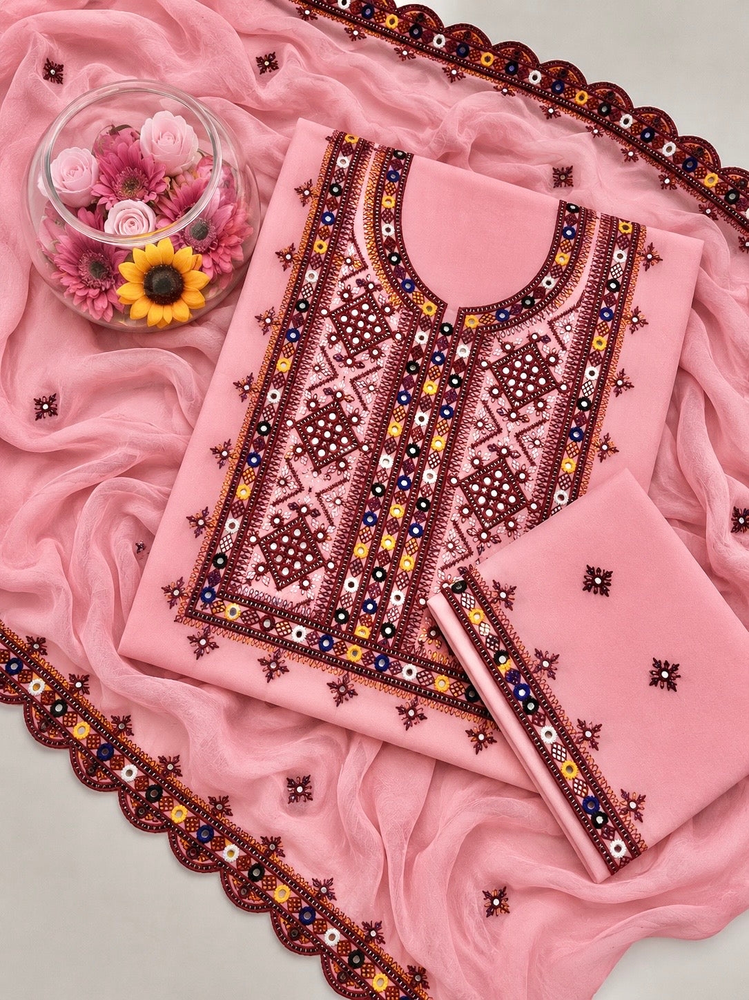 Balochi Thick Thread 9MM Sitara Work Machine Embroidered Soft Cotton with Two Side Cutwork Border Chiffon Dupatta - 3PC Unstitched Dress 👗