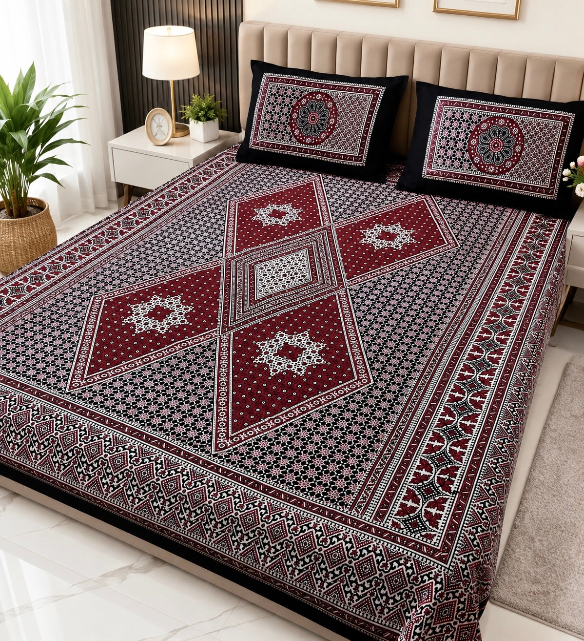 King Size Ajrak Block Hand Print Cotton Stuff Bedsheet Set with 2 Unstitched Pillow Covers