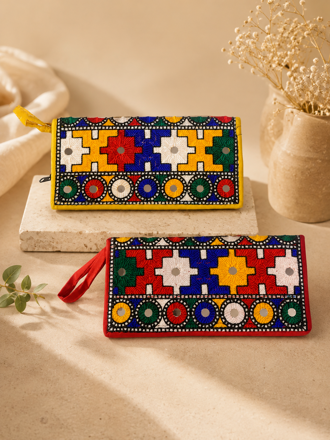 Traditional Multi-Aari Sitara Embroidered Mobile & Cash Clutches for Women (Pack of 2)