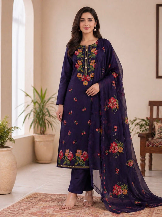 3MM Sequence Sitara Heavy Cross Stitch Multi Floral Embroidery Lawn Cotton with Chiffon Dupatta - 3PC Unstitched Dress 👗
