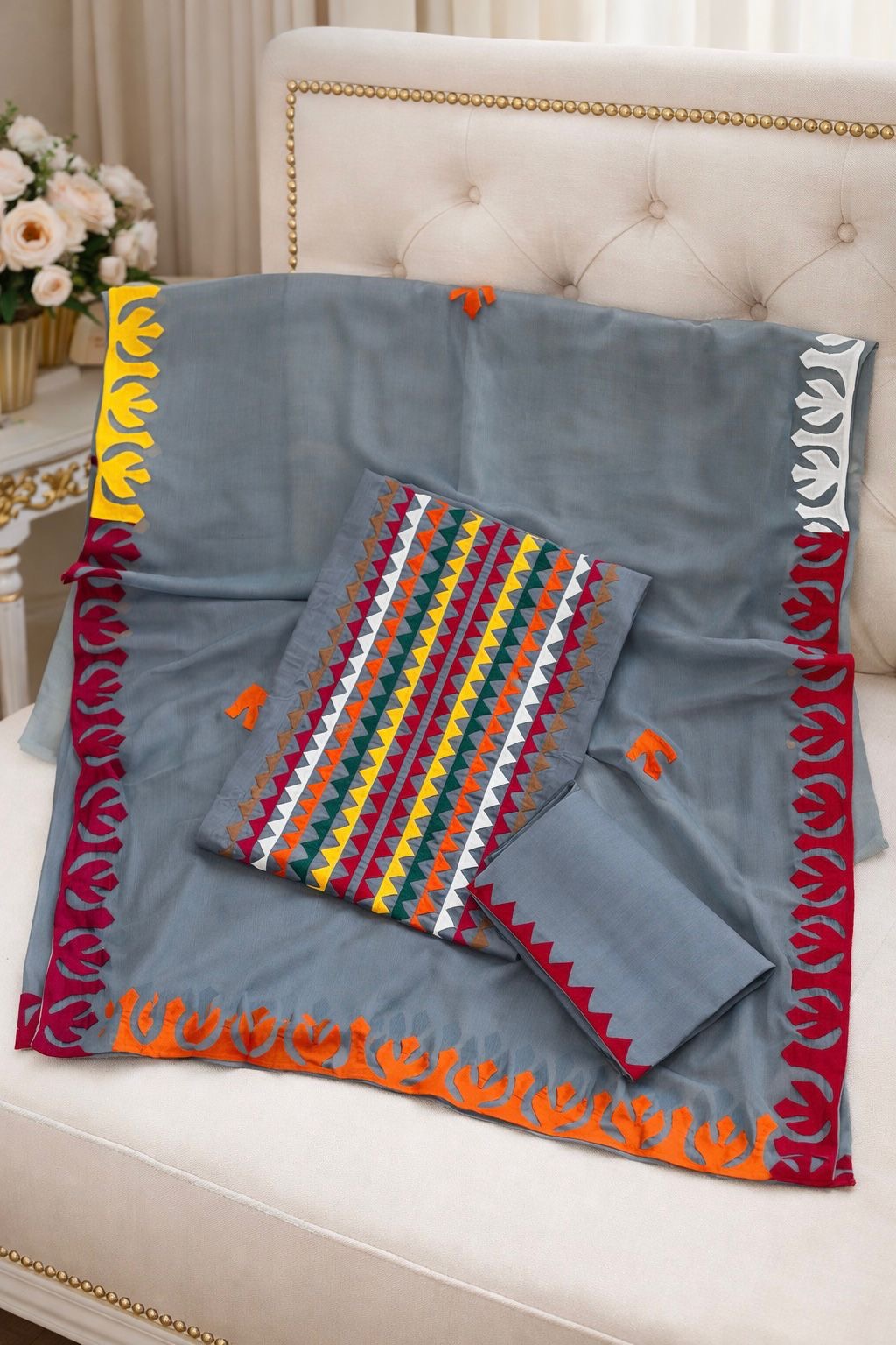Multicolor Applique 3-Piece Dress – Soft Cotton with Chiffon Dupatta