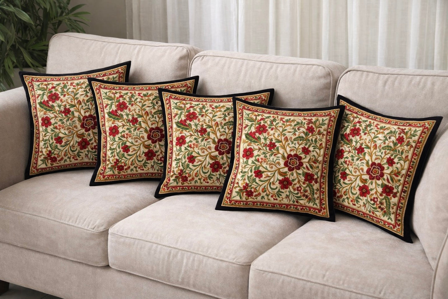 Traditional Embroidered Cushion Cover Set (5 Pieces) – 16x16 Inches