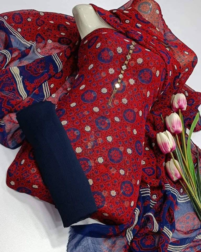 Hand Printed Ajrak Chiffon Shirt & Dupatta Along With Plain Soft Cotton Trouser 3PC Unstitched Dress 👗