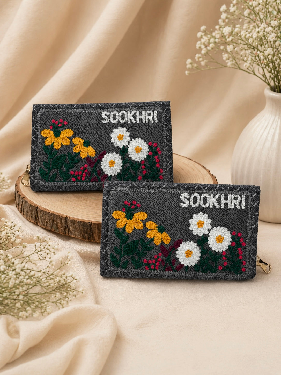 SOOKHRI Embroidered Velvet Clutch – Floral Zipper Wallet (Pair of 2)