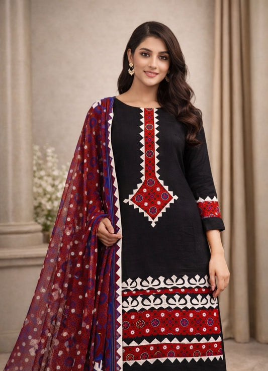 Ajrak Applic Work With Ajrak Dupatta Handmade Unstitched 3PC Dress