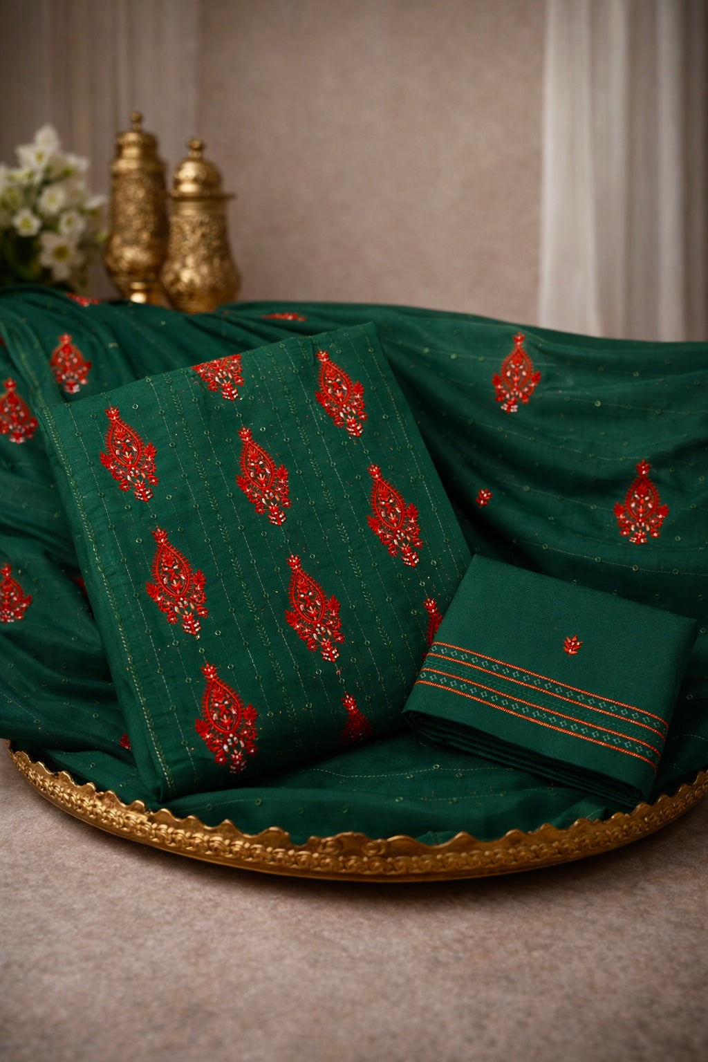 Boring 3MM Sitara Sequence Work Embroidery Soft Cotton with Chiffon Dupatta - 3PC Unstitch Dress 👗