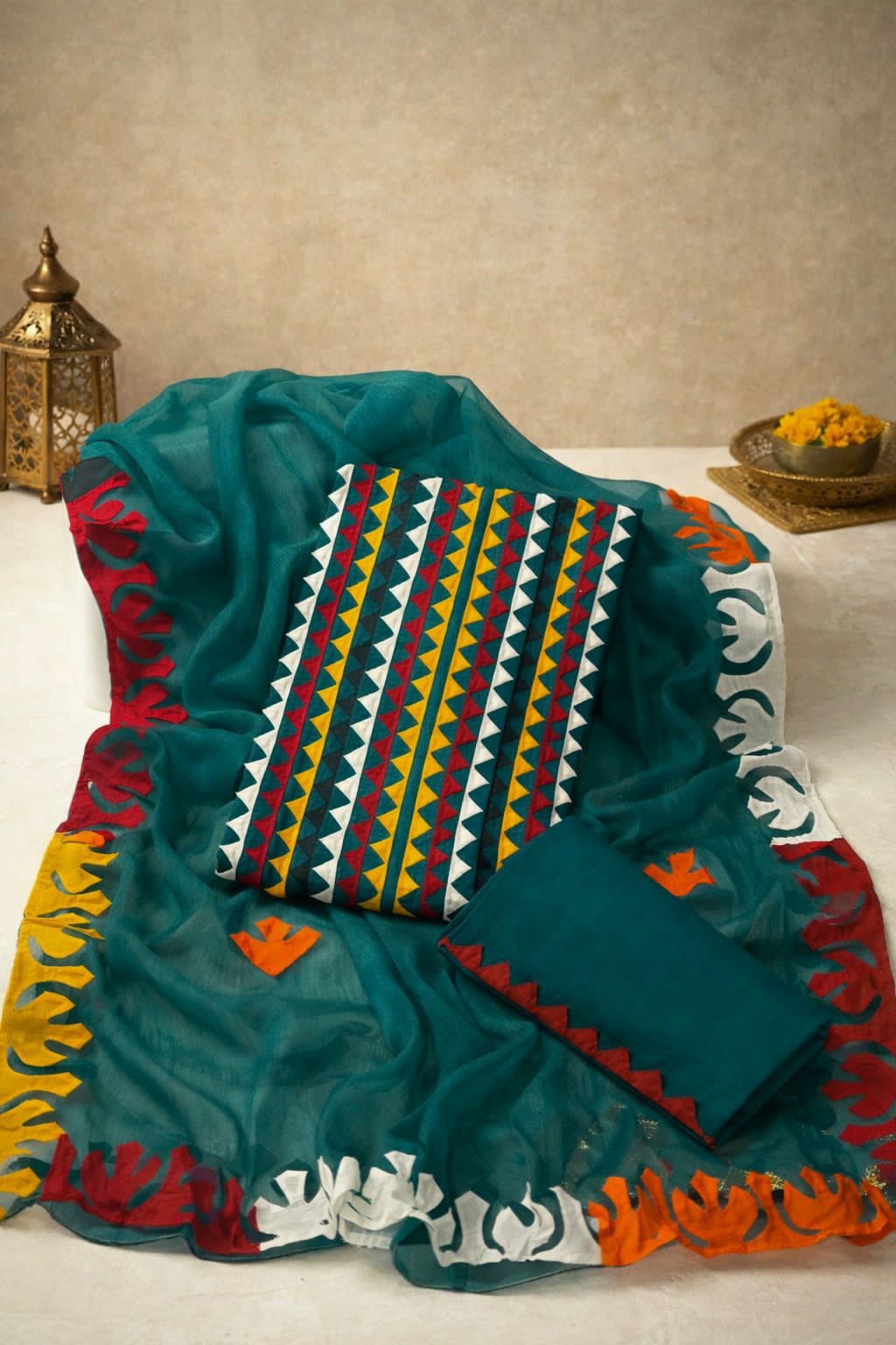 Multicolor Applique 3-Piece Dress – Soft Cotton with Chiffon Dupatta