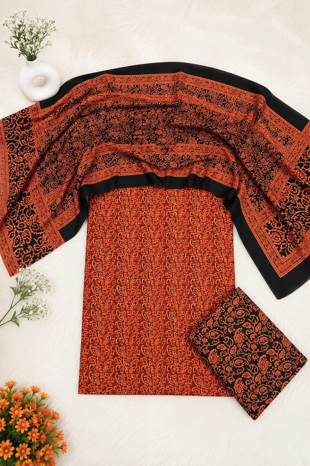 Malir Ajrak Block Print Cotton Fabric - Unstitched 3PC Dress