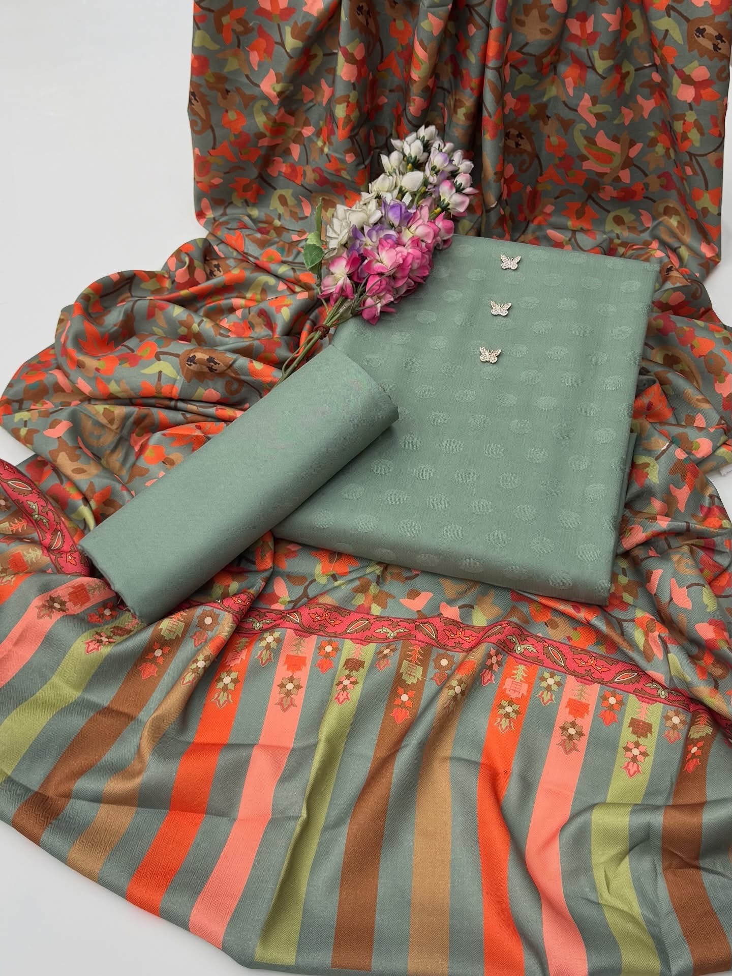 Luxury Jacquard Marina Dhanak 3 Piece Winter Suit with Digital Print Kalamkari Pashmina Shawl