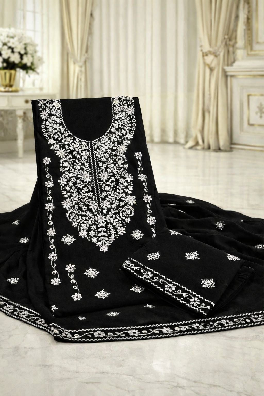 Elegant 3-Piece Pakka Thread 9MM Sitara White Embroidered 3PC Suit – | Lawn Cotton | Chiffon Dupatta