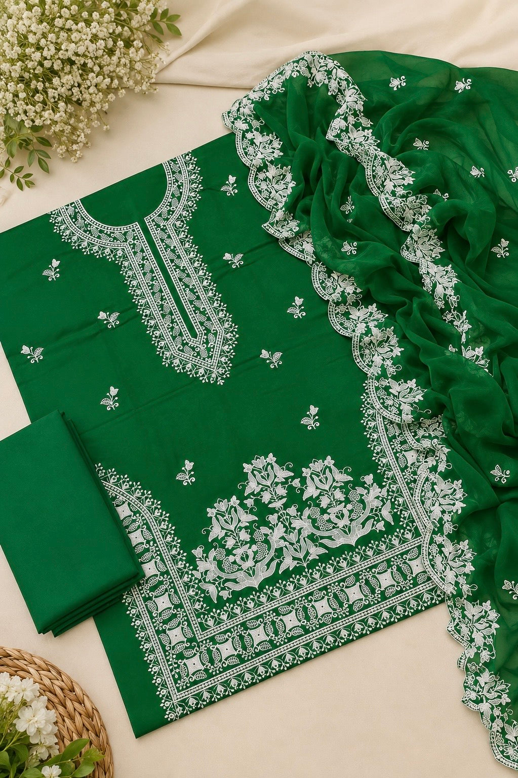 Elegant Computer Embroidered Soft Cotton Shirt & Trouser with Chiffon Cutwork Dupatta - 3PC Unstitched Dress 👗