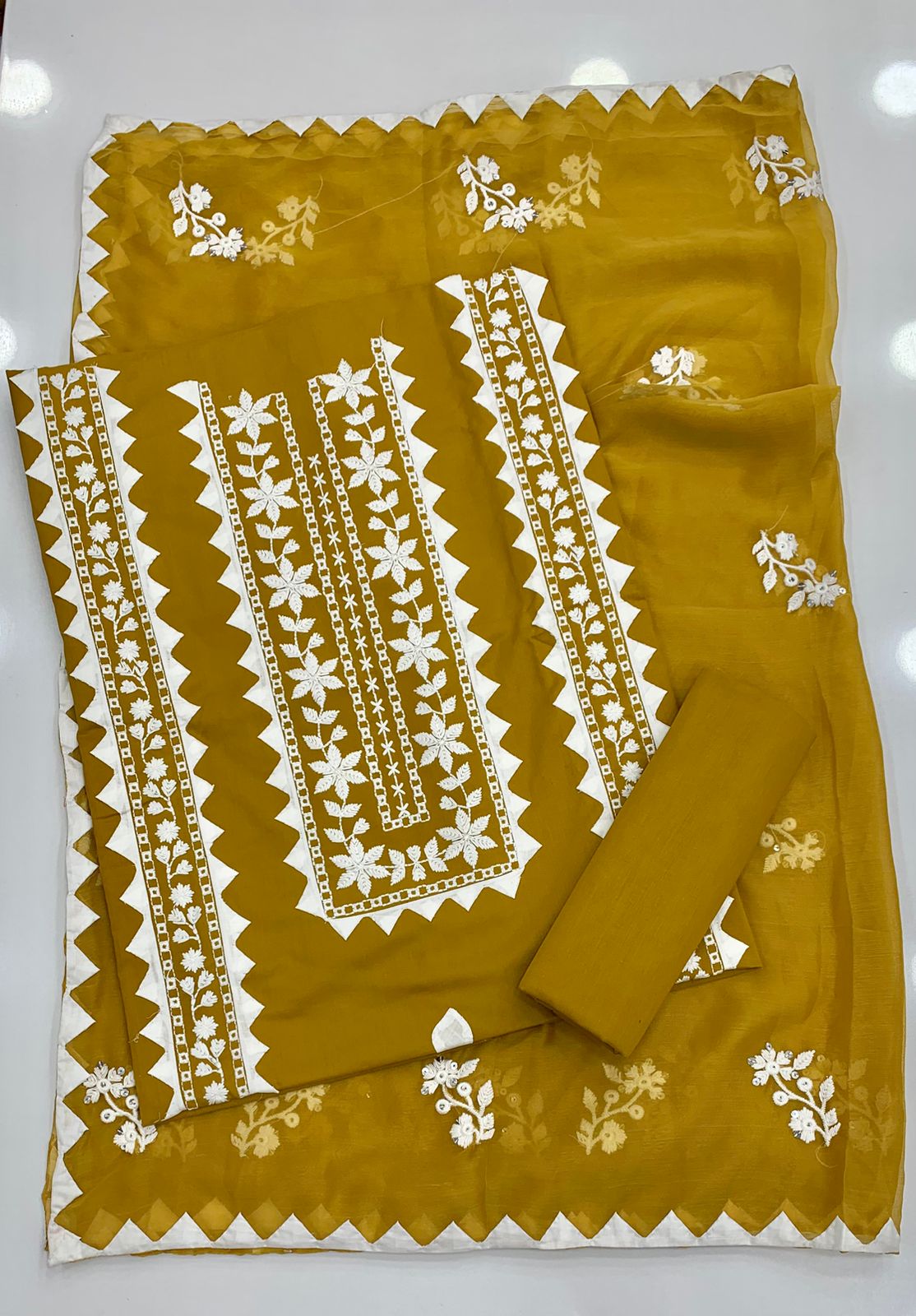 Elegant Applic+Thick Thread Work 3-Piece Cotton Suit