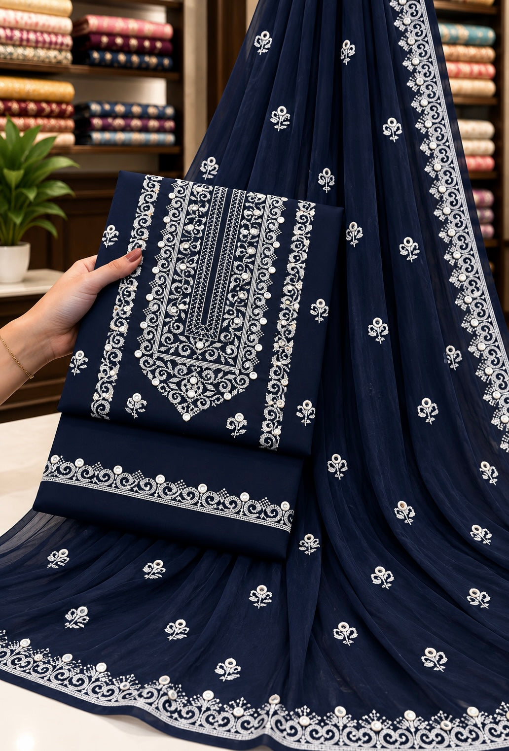 Edenrobe Style Cross Stitch 9MM Sitara - Soft Cotton with Chiffon Dupatta - 3PC Unstitch Dress 👗